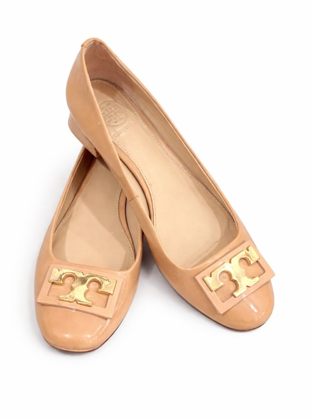 Tory Burch Nude Patent Leather Logo Ballet Flats with Gold Accent